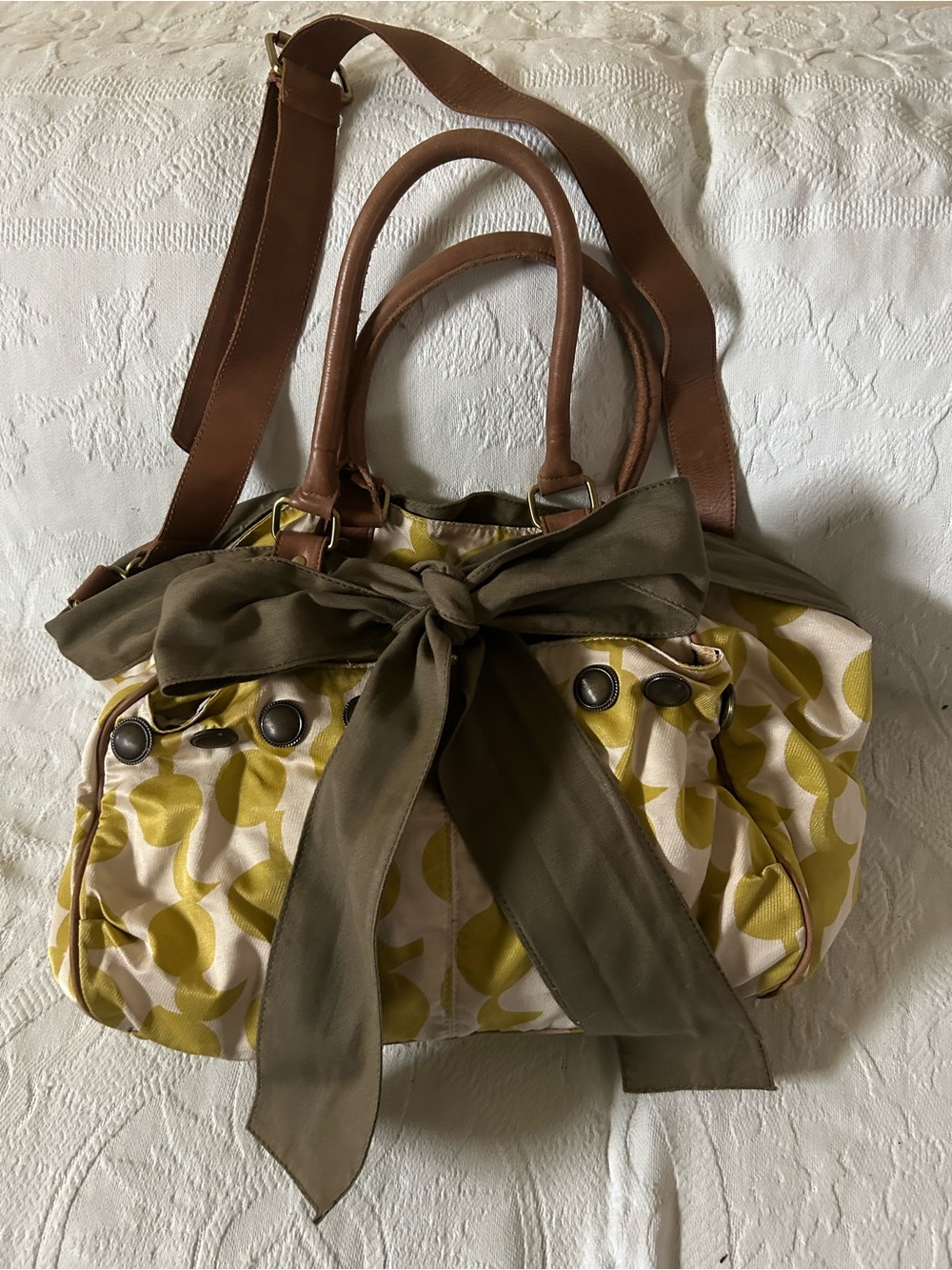 Anthropologie Deux Lux Mustard and Cream Design Overnight Bag with Bow